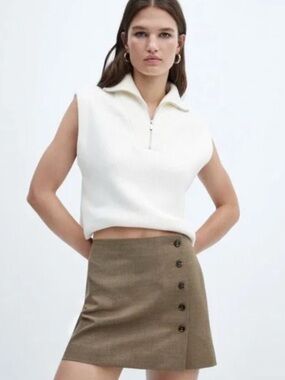 Mango Brown Houndstooth Button-Accent Mini Skirt